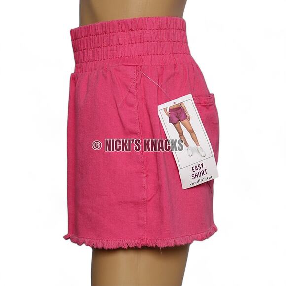 Vanilla Star Hot Pink Denim Shorts High Rise Pull On Frayed Hem Easy Fit Size L - Picture 4 of 10